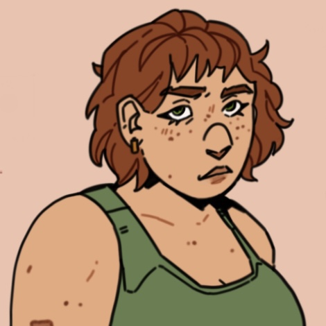 Sam. She is tan and heavily freckled, with short, curly red hair. She looks determined.