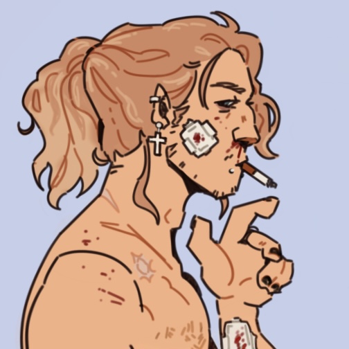 Steele. He is a lean white man who is visibly bloodied. He has long blond hair in a ponytail. He is smoking a cigarette.